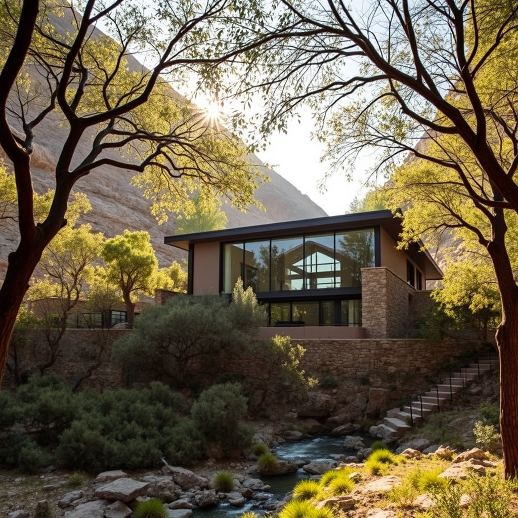 A high-end guesthouse situated in a serene canyon, featuring a two-story modern design with extensive glass elements and cultural stone accents, creating a harmonious blend of contemporary and rustic aesthetics