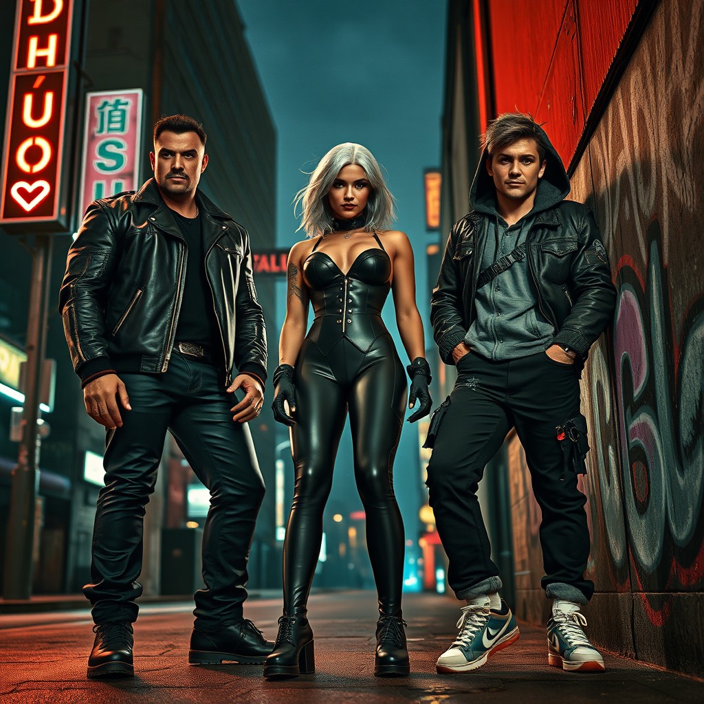 A group of diverse antiheroes standing together in a moody, urban environment