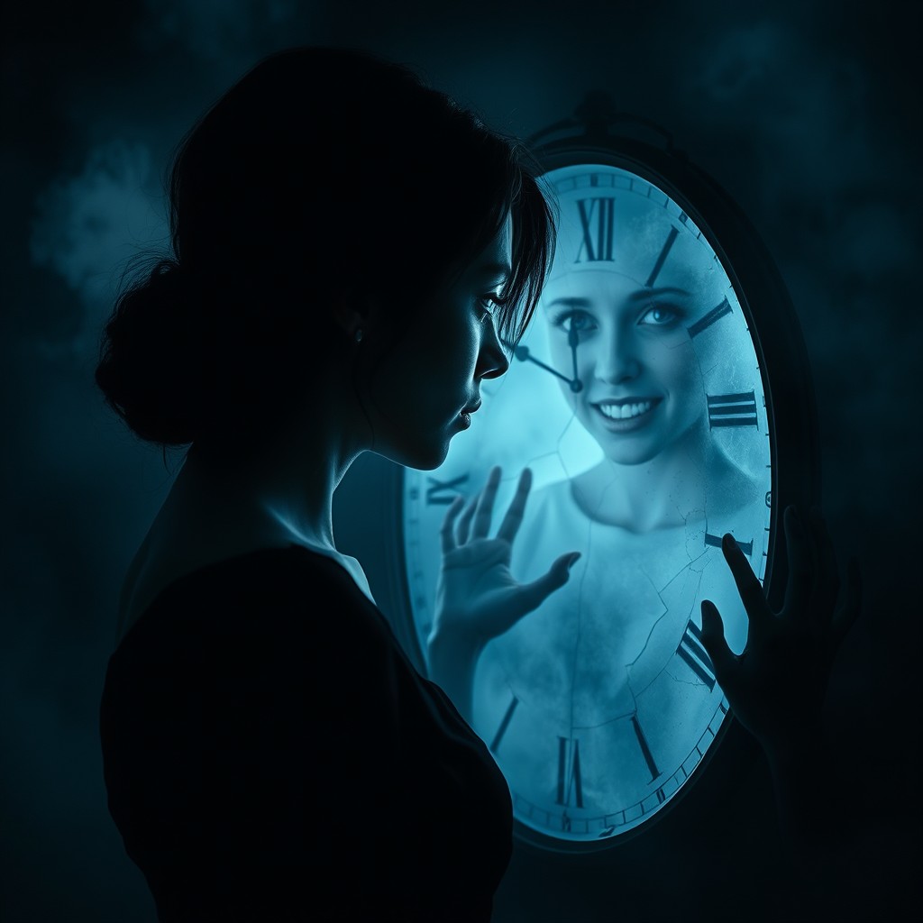 A surreal, psychological, and cinematic portrait of a woman standing before a cracked, foggy mirror