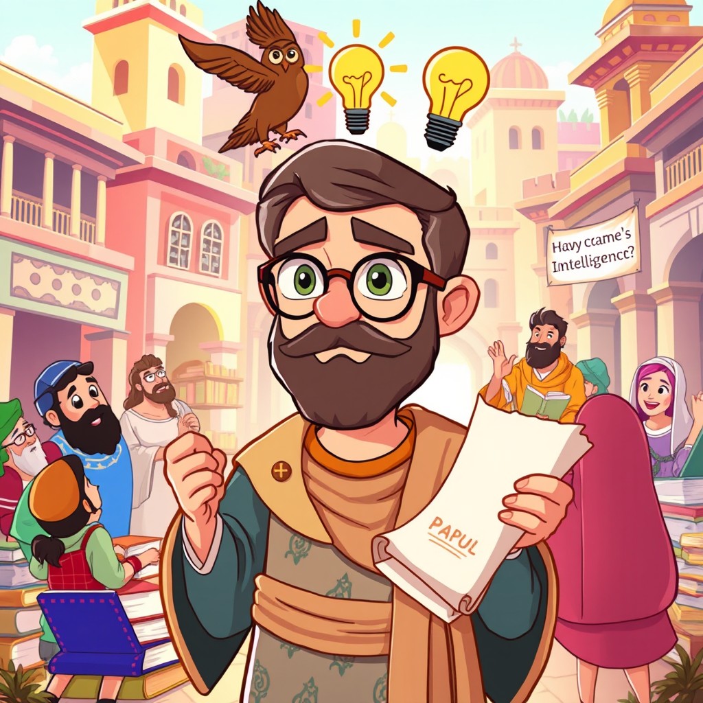A cartoon representation of the Apostle Paul showcasing his intelligence, depicted as an animated character with glasses, a thoughtful expression, and a scroll in hand