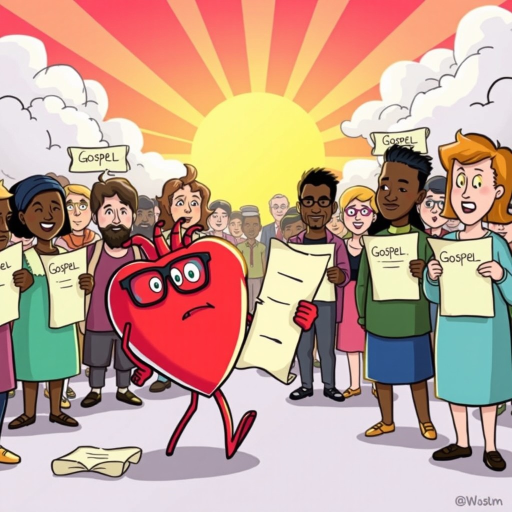 A vibrant cartoon depicting the theme 'the heart blinds the truth, many reject the gospel'