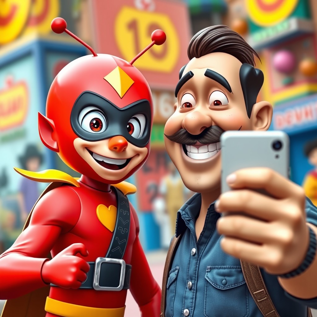 El Chapulín Colorado, a heroic figure dressed in a red suit with a yellow heart and antennae, is taking a selfie with Don Ramón, a charming character with a distinctive mustache and casual attire, both smiling joyfully