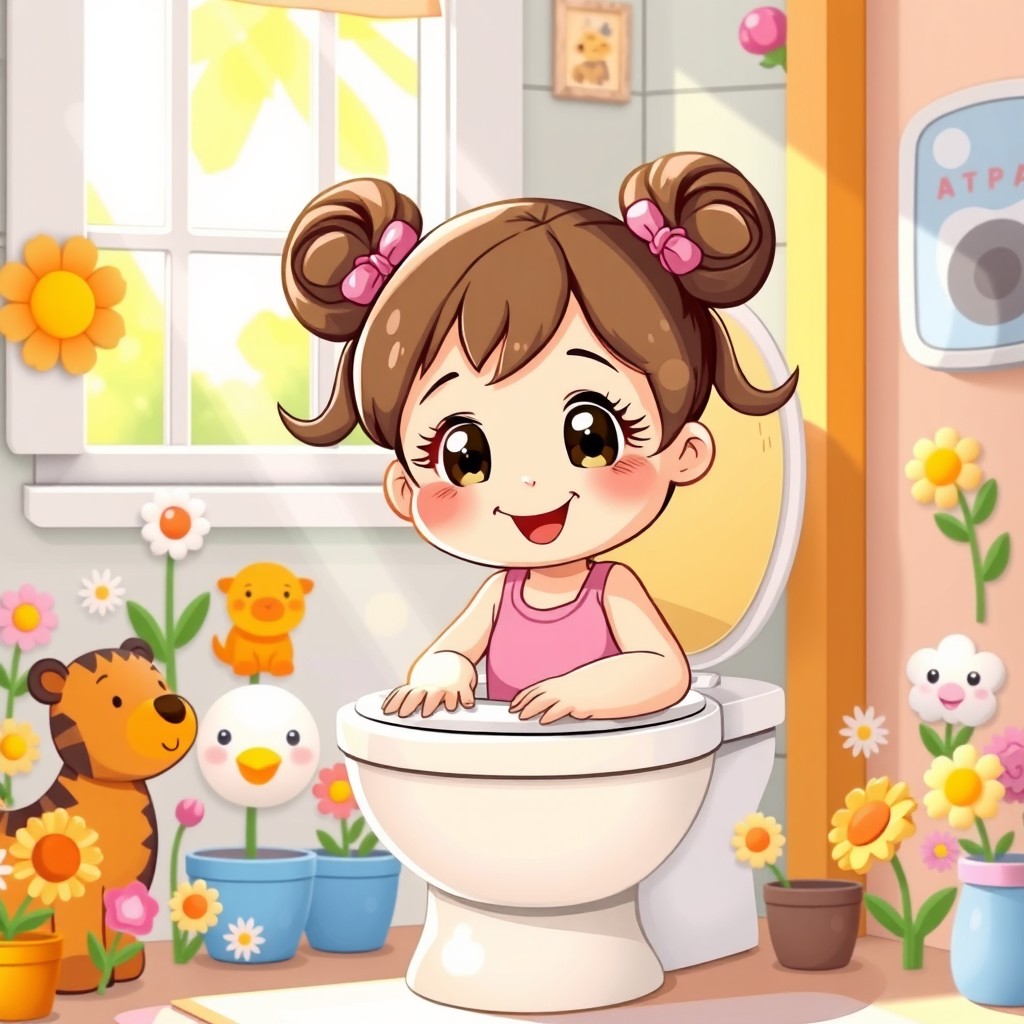 A cute girl happily using a potty, captured in a playful and cheerful style
