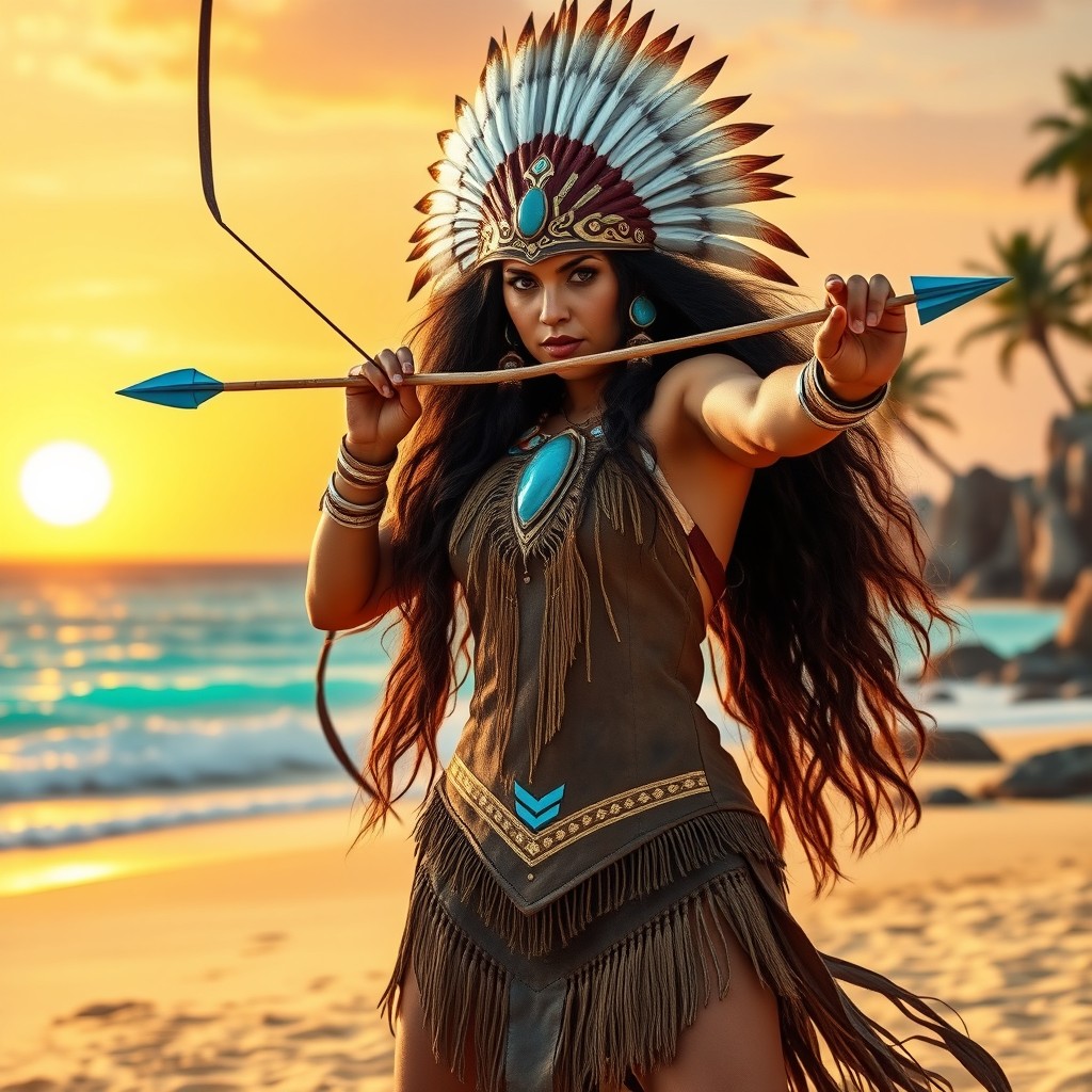 A powerful woman with tanned skin, long, dark, wavy hair, and determined eyes stands tall on golden sand, poised to fire her arrow