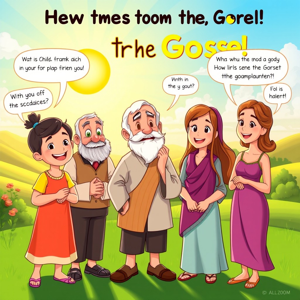 A vibrant animated scene depicting the message of salvation from the Gospel, featuring a diverse group of animated characters, including a joyful child, a wise elderly person, a hopeful young adult, and a compassionate woman, all engaged in a heartfelt discussion about faith and transformation