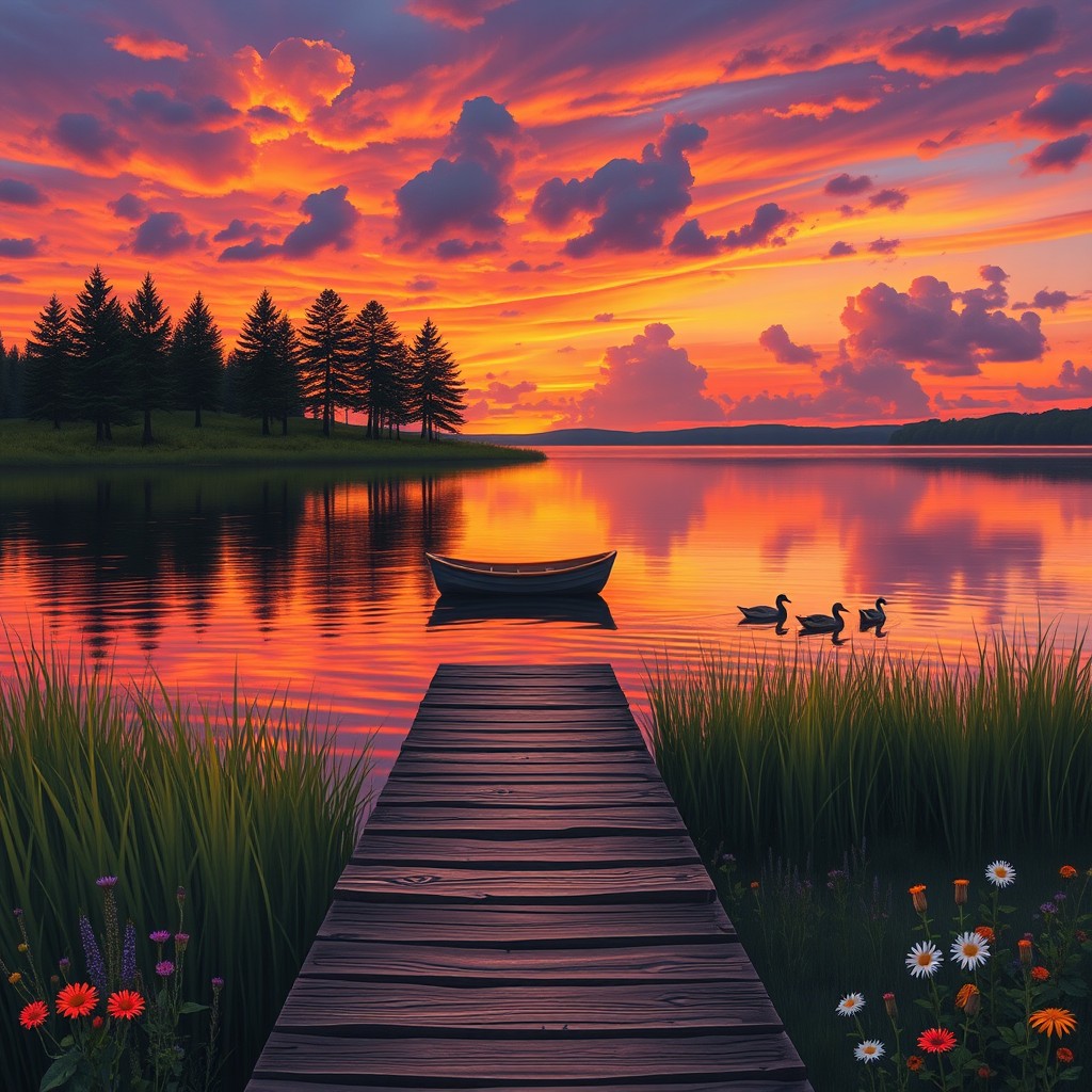 A vivid portrayal of a serene lakeside at sunset, with vibrant orange and purple hues reflecting off the calm water