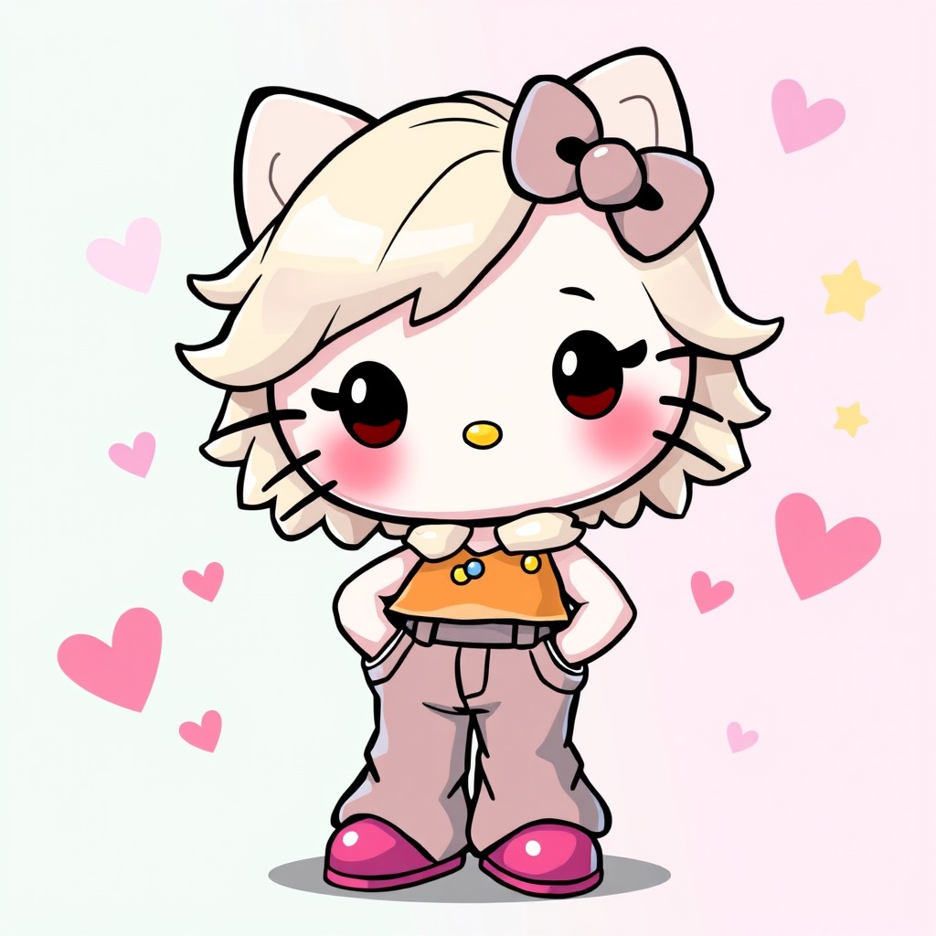 A cute rendition of Hello Kitty featuring wavy light-colored hair, dressed in fashionable flared pants and a stylish top