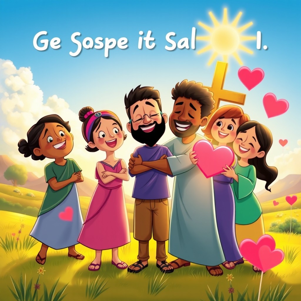 A vibrant and colorful animated scene depicting the gospel message of salvation, illustrating concepts like love, hope, and transformation