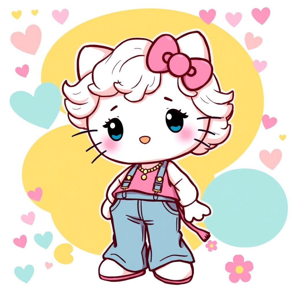 A charming illustration of Hello Kitty with curly light-colored hair, wearing stylish flared pants and a fashionable top