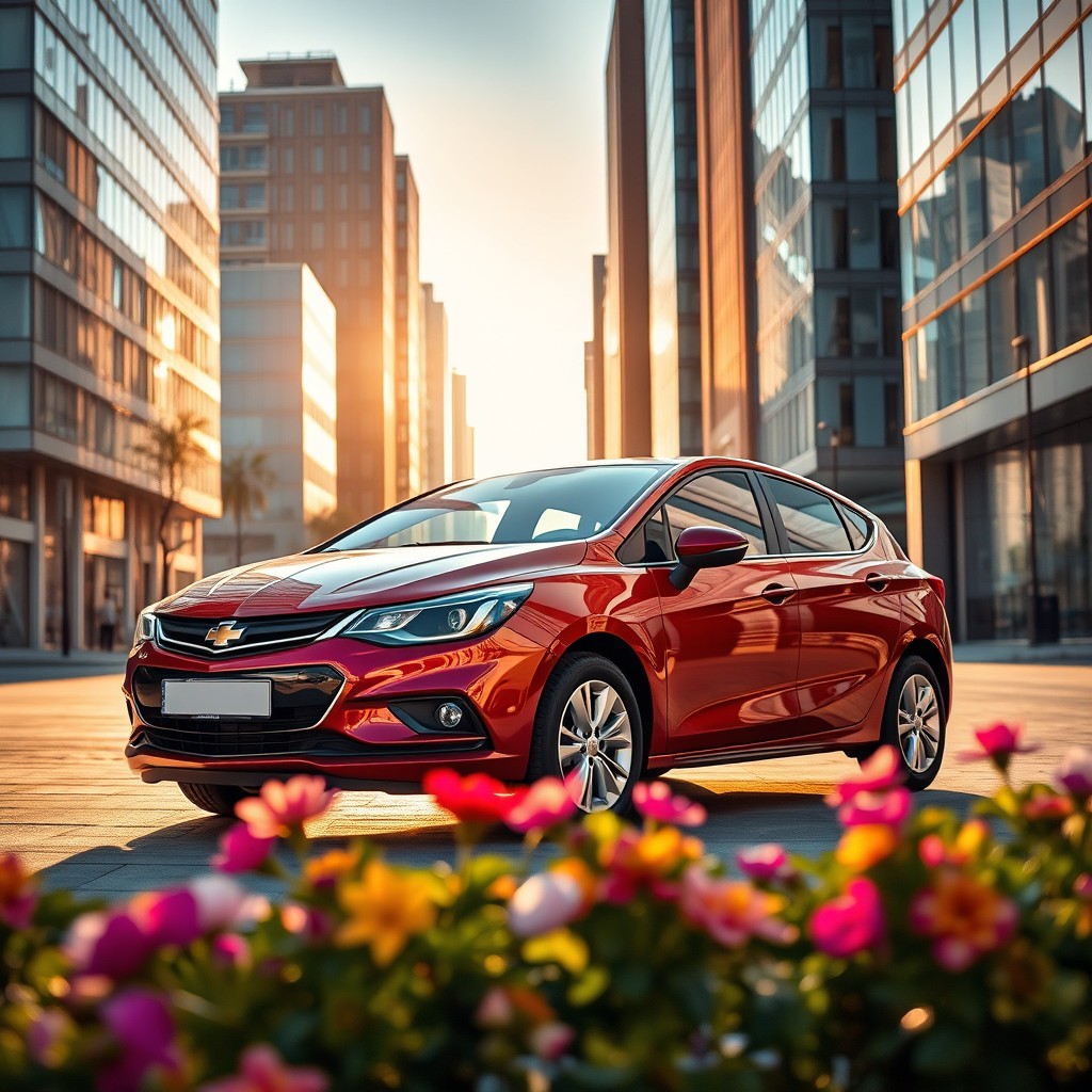 A stylish Chevrolet Astra parked on a city street, bathed in golden hour sunlight