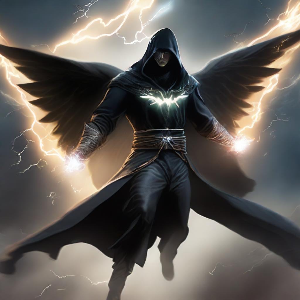 A formidable man cloaked in a black hooded robe, his wings crackling with powerful electricity, flying through the sky. He is engaged in combat, showcasing dynamic lightning-based maneuvers.