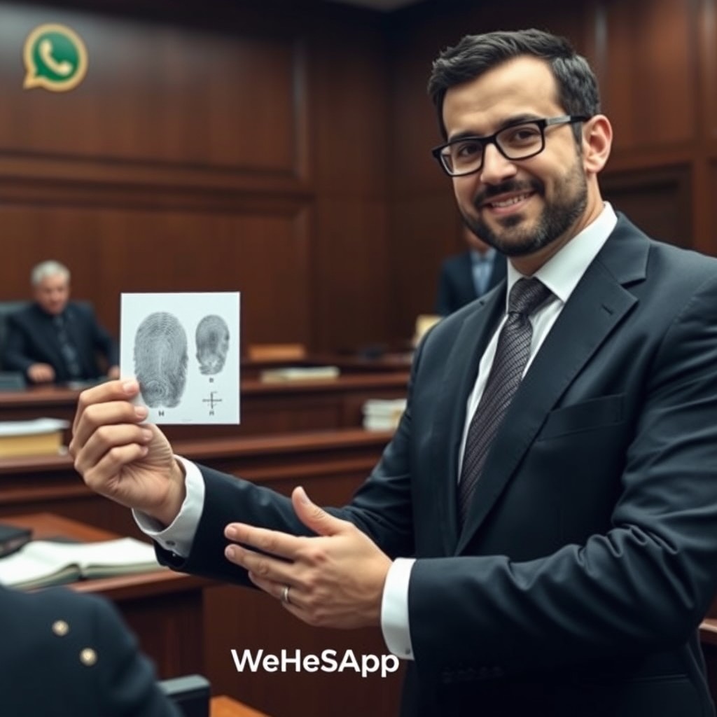 A legal expert, Yaghoub Parvand, confidently presents evidence of fingerprint analysis in a courtroom setting, demonstrating the distinction between original and forged fingerprints