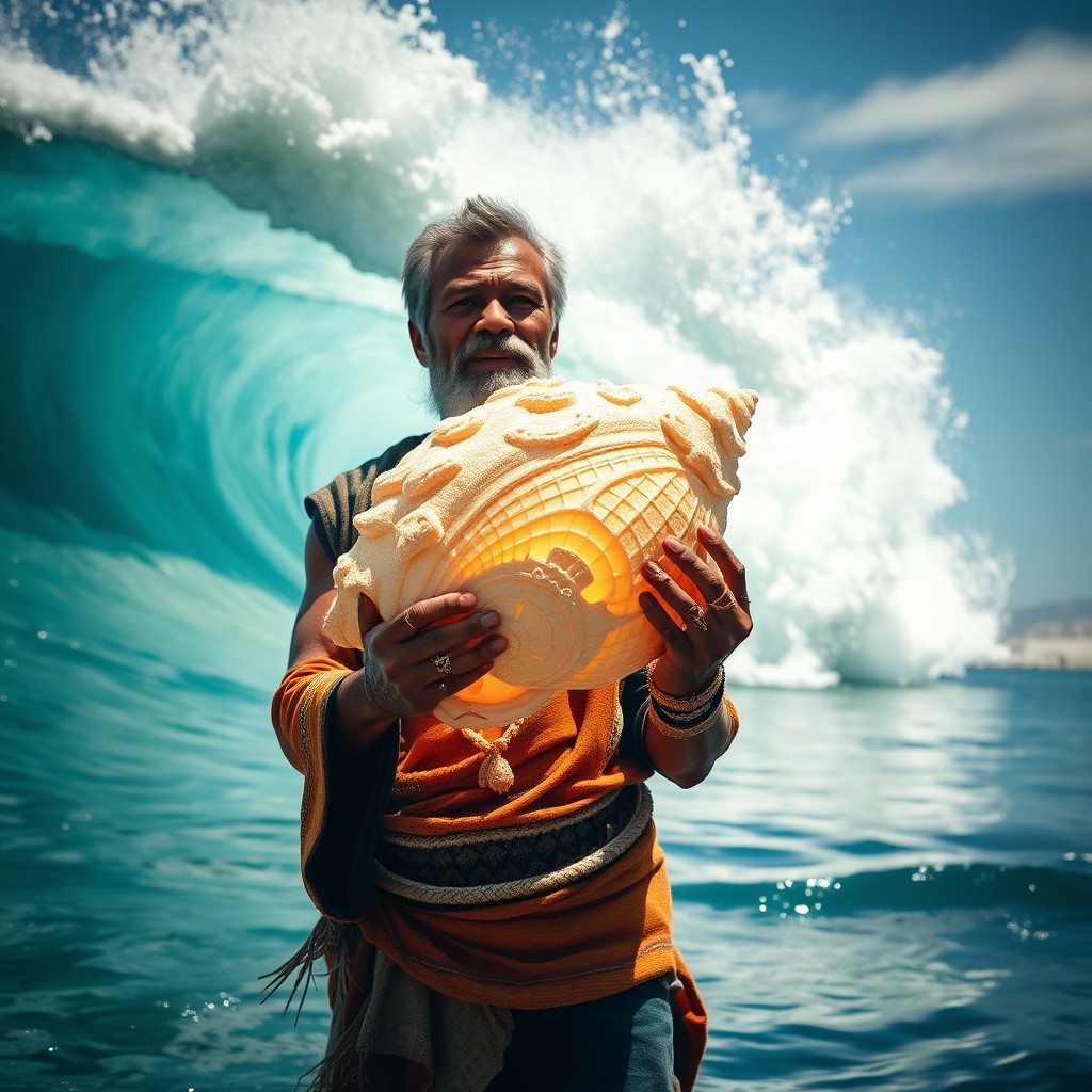 A Kanak sculptor proudly holds a glowing seashell, showcasing intricate details and patterns