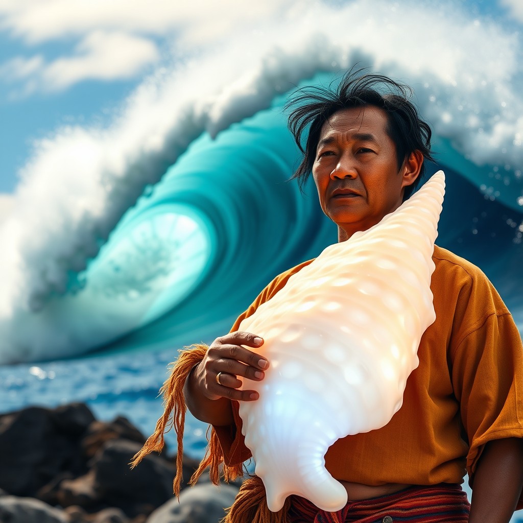 A Kanak sculptor stands confidently, holding a luminous seashell that emits a soft glow, rich with intricate patterns and details