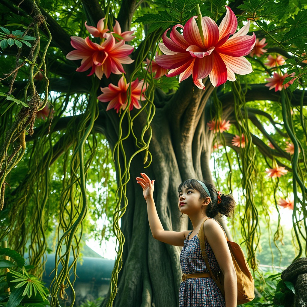 A young female botanist gently touches a colossal tree, her expression filled with awe and wonder