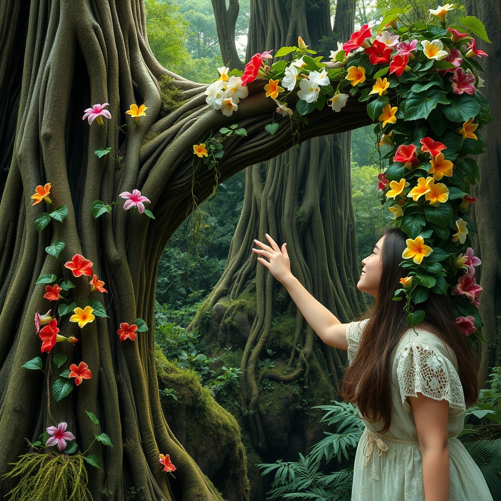 A young female botanist delicately touches a gigantic tree, her face radiating fascination as she connects with nature