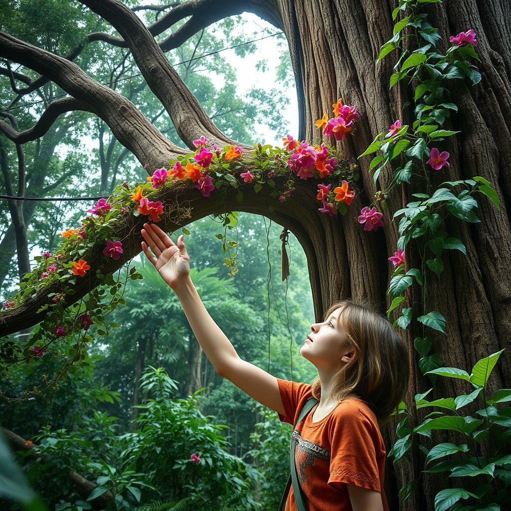 A young female botanist reaches out to touch a towering giant tree, her face illuminated with wonder and curiosity