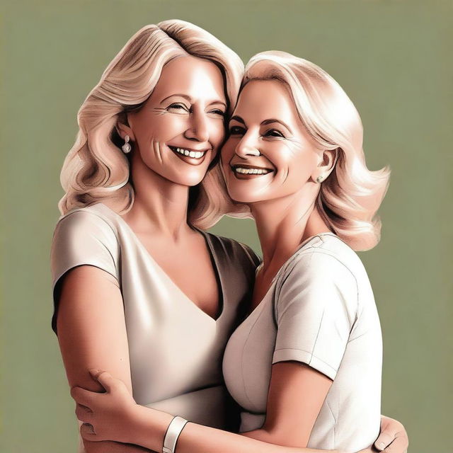 A high-quality digital art piece, presenting a mature blonde woman with her young son