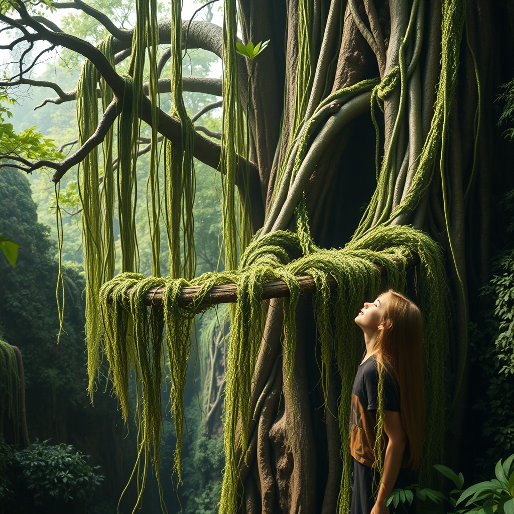 A young female botanist reaches out to touch a magnificent giant tree, her expression one of wonder and discovery