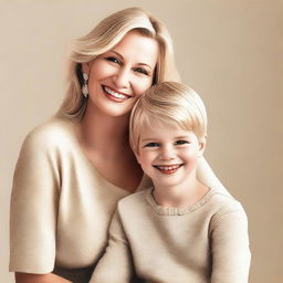 A high-quality digital art piece, presenting a mature blonde woman with her young son