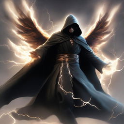 A formidable man cloaked in a black hooded robe, his wings crackling with powerful electricity, flying through the sky. He is engaged in combat, showcasing dynamic lightning-based maneuvers.