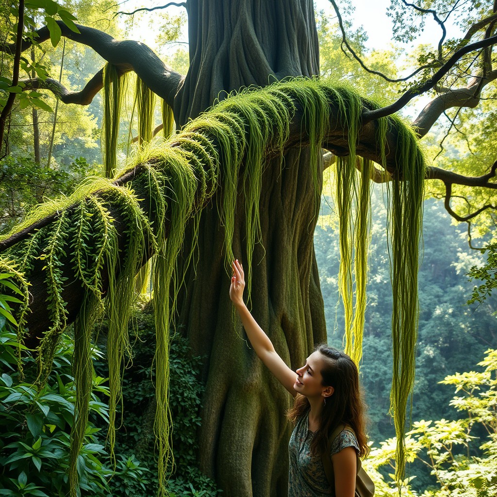 A young female botanist gently touches a colossal giant tree, her expression filled with awe and curiosity