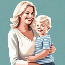 A high-quality digital art piece, presenting a mature blonde woman with her young son