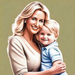 A high-quality digital art piece, presenting a mature blonde woman with her young son