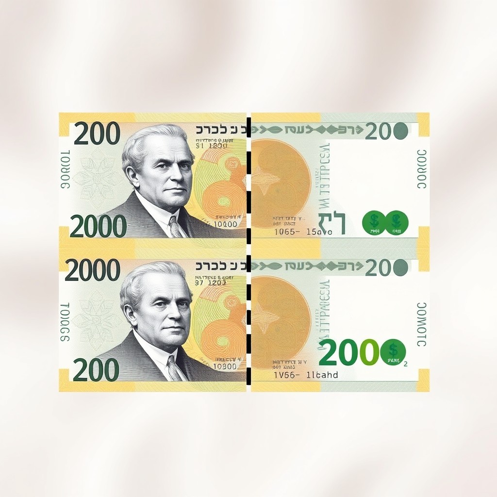 An illustration showing a 200 shekel banknote divided into two sections