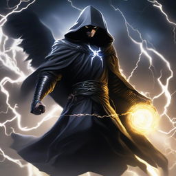 A formidable man cloaked in a black hooded robe, his wings crackling with powerful electricity, flying through the sky. He is engaged in combat, showcasing dynamic lightning-based maneuvers.