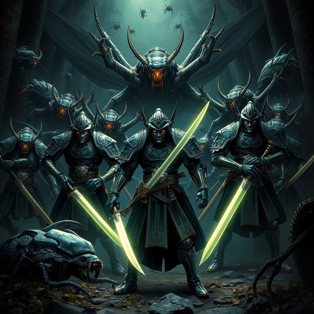 A dark and intense scene featuring powerful samurai supervillains, clad in intricately designed armor that hints at their menacing abilities