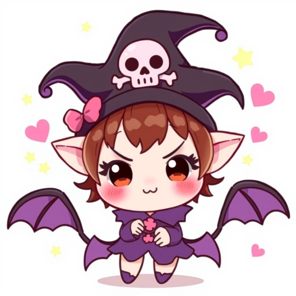 A cute depiction of Kuromi, a character from Sanrio, featuring her signature black jester's hat with pink skull, mischievous expression, and a purple outfit with bat wings