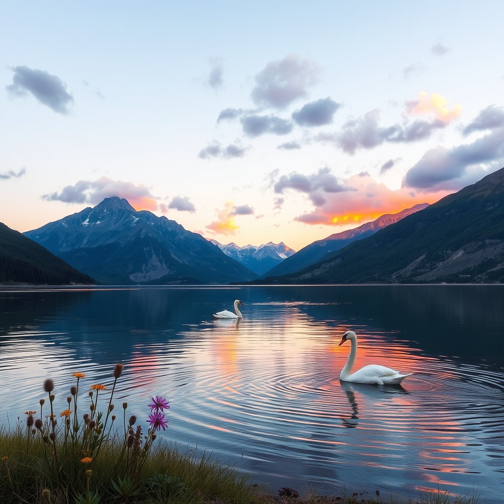 A serene landscape featuring a crystal-clear lake surrounded by majestic mountains at sunset, with vibrant orange and purple hues reflecting in the water