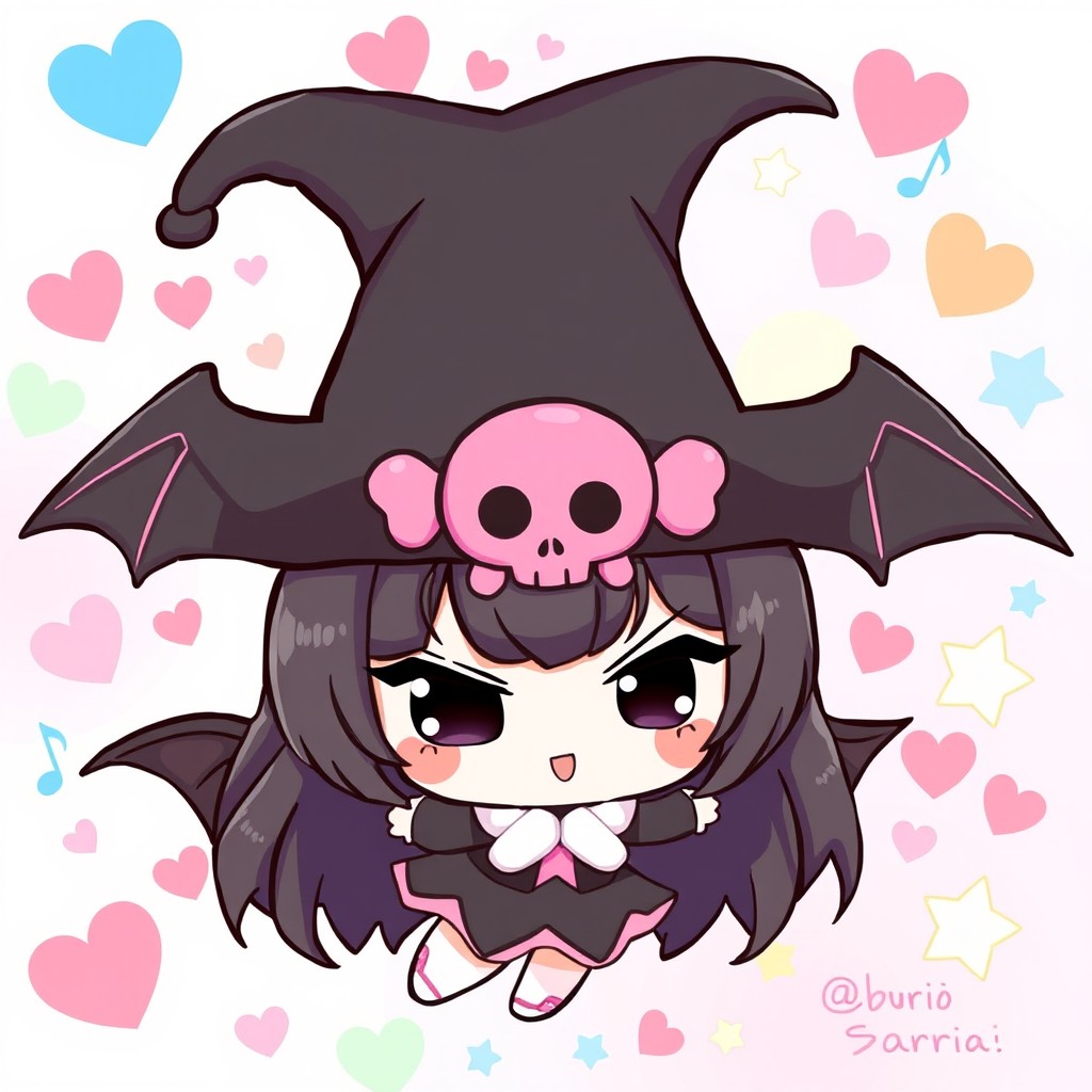 A whimsical and charming illustration of Kuromi, the Sanrio character, depicted with her signature mischievous expression