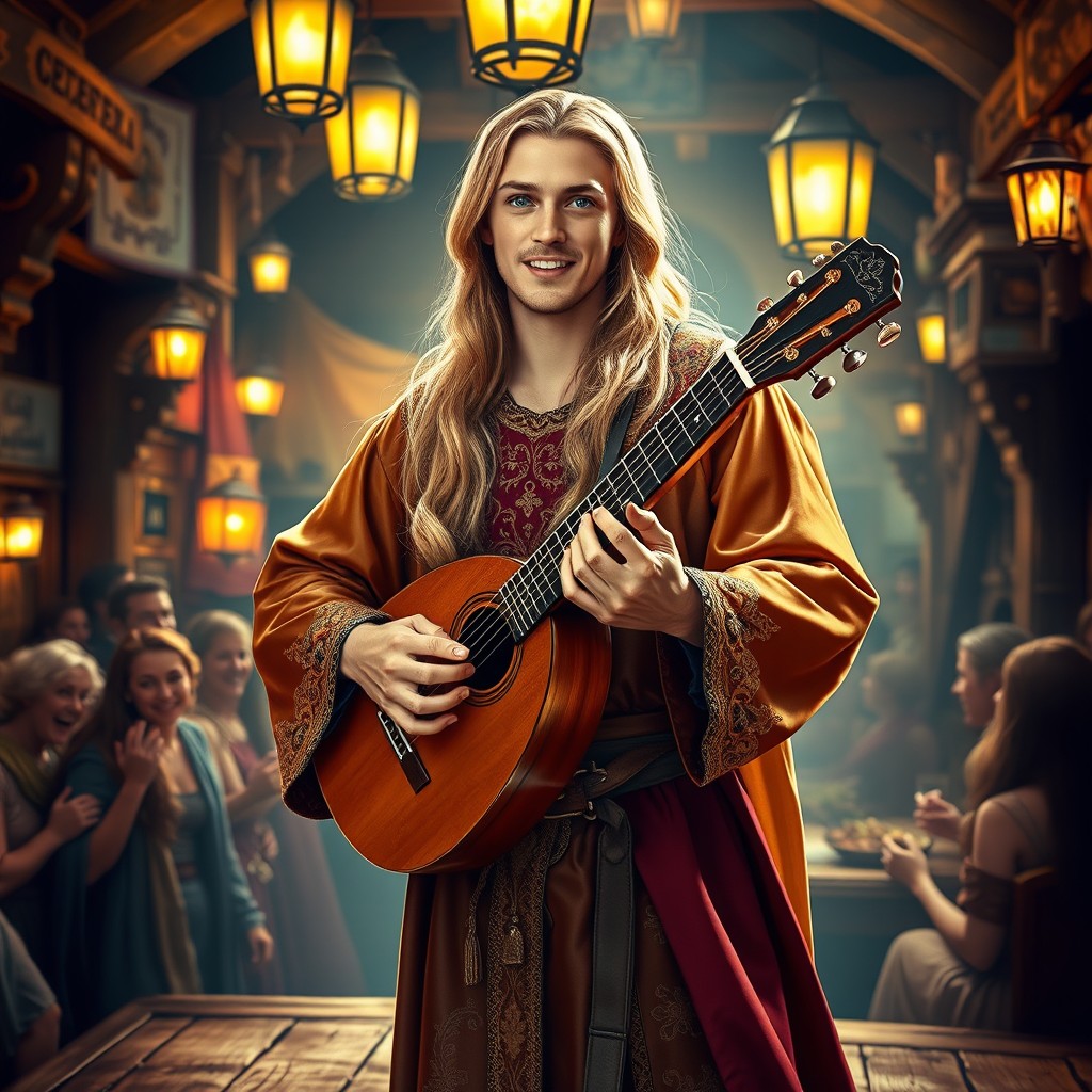 A strikingly handsome male bard with long blonde hair cascading down his shoulders, wearing a rich, flowing tunic adorned with intricate embroidery