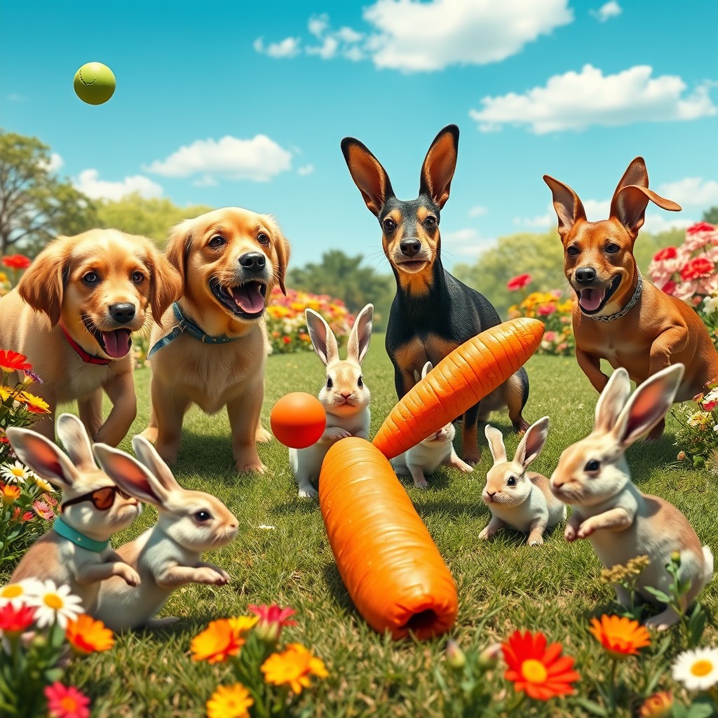 A whimsical scene depicting a humorous showdown between dogs and rabbits