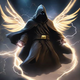 A formidable man cloaked in a black hooded robe, his wings crackling with powerful electricity, flying through the sky. He is engaged in combat, showcasing dynamic lightning-based maneuvers.