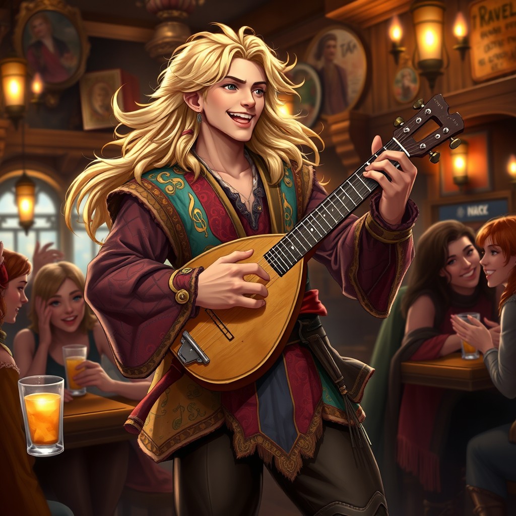 A charismatic male bard with flowing blonde hair wearing a vibrant, intricate outfit adorned with musical notes and colorful fabrics