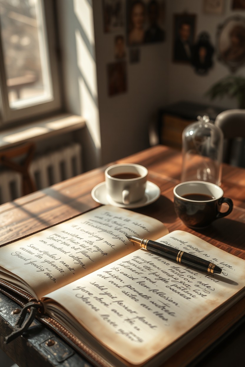 A nostalgic and emotional scene representing the concept of memoirs, featuring a beautifully aged leather-bound journal lying open on a rustic wooden table