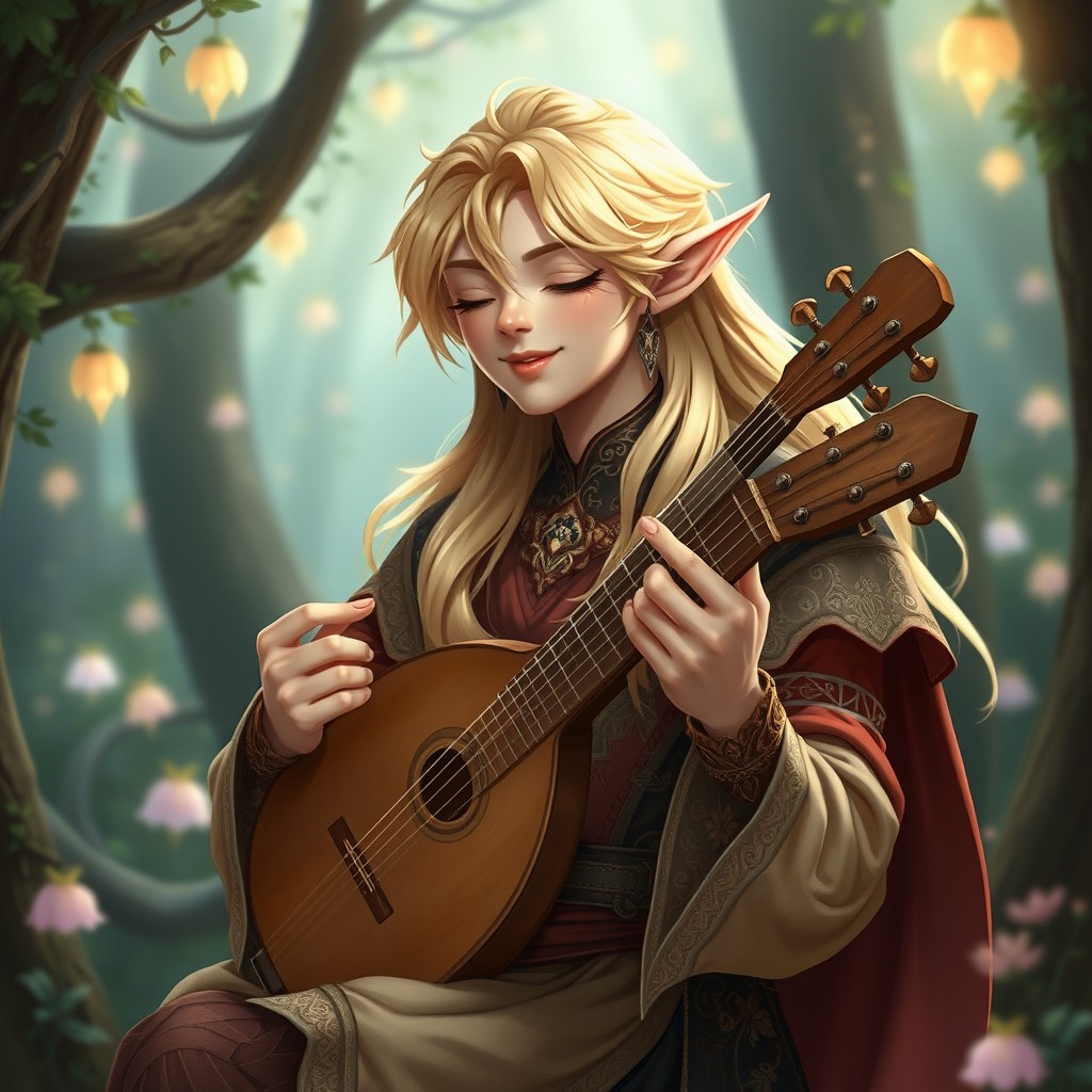 A charming male blonde elf bard with long, flowing hair and pointed ears, wearing an elegant, intricately designed outfit featuring rich fabrics and enchanting patterns