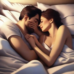 A high-quality digital art piece depicting a couple expressing their love for each other while lying in bed