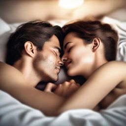 A high-quality digital art piece depicting a couple expressing their love for each other while lying in bed