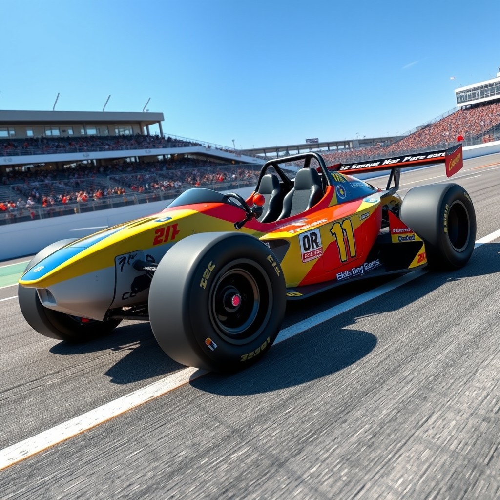 A race car designed for larger individuals, featuring an adaptive and spacious cockpit, robust chassis, and vibrant colors