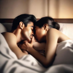 A high-quality digital art piece depicting a couple expressing their love for each other while lying in bed