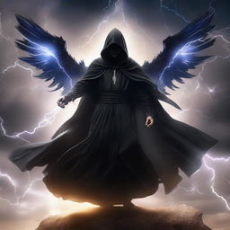 A powerful man in a black hooded robe, his immense wings forged of intense lightning, fearlessly flies against a thunderous backdrop, putting up a formidable fight with a myriad of mesmerizing moves.