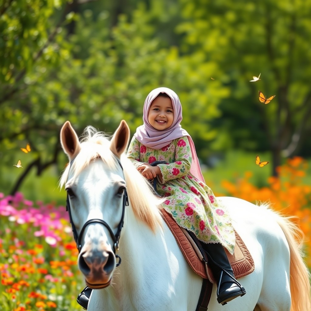 A heartwarming scene of a little girl, around 4 years old, wearing a colorful dress and a hijab, joyfully riding a majestic white horse through a lush green nature setting