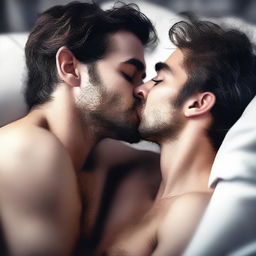 A high-resolution digital art piece showcasing a passionate kiss between two individuals in bed