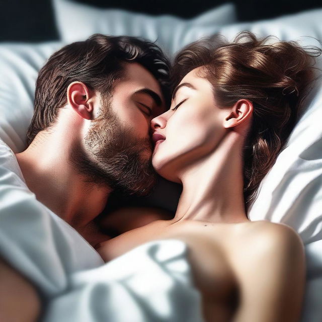 A high-resolution digital art piece showcasing a passionate kiss between two individuals in bed