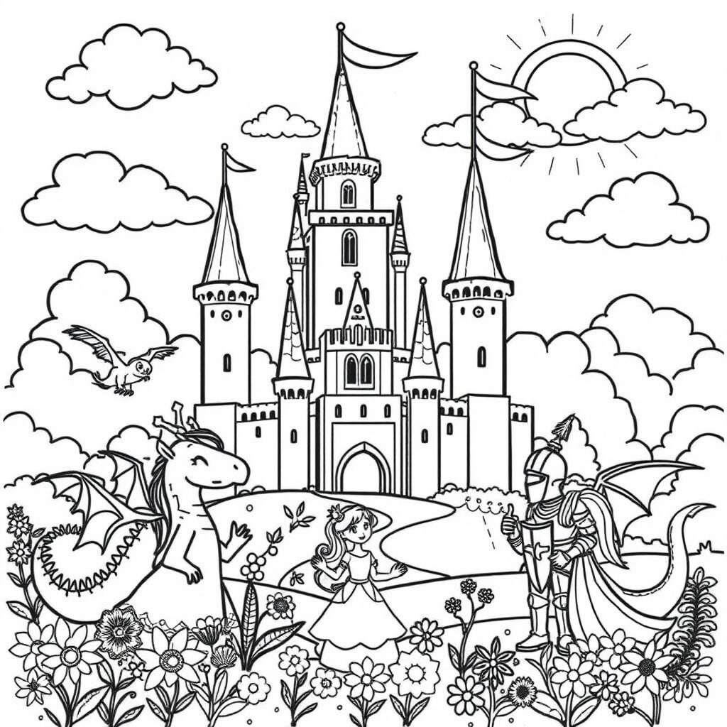 A playful and imaginative coloring book cover featuring a grand castle with tall towers, surrounded by fluffy clouds and a bright sun