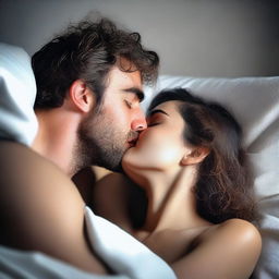 A high-resolution digital art piece showcasing a passionate kiss between two individuals in bed